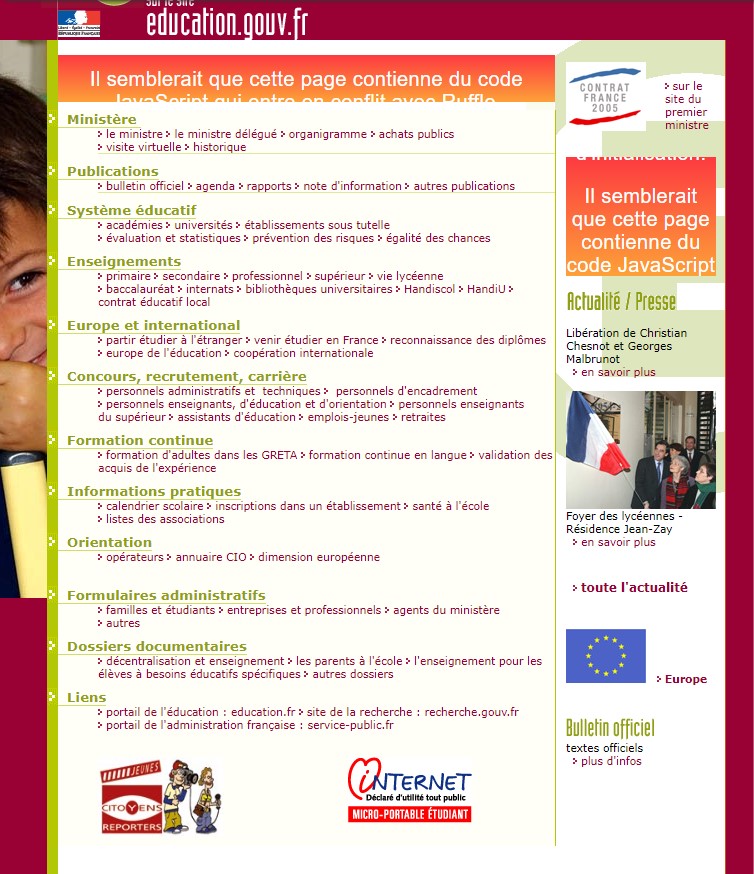 Site education.gouv.fr le 1er janvier 2005 selon le site Weybackmachine