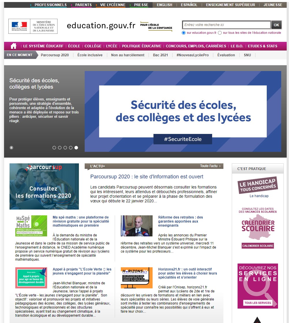 Site education.gouv.fr le 01 janvier 2020 selon le site Weybackmachine