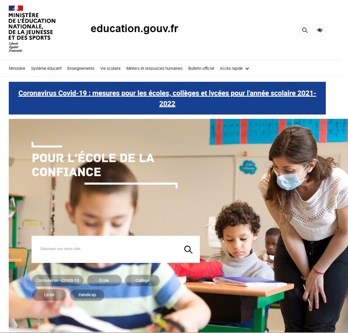 Site education.gouv.fr le 01 janvier 2022 selon le site Weybackmachine
