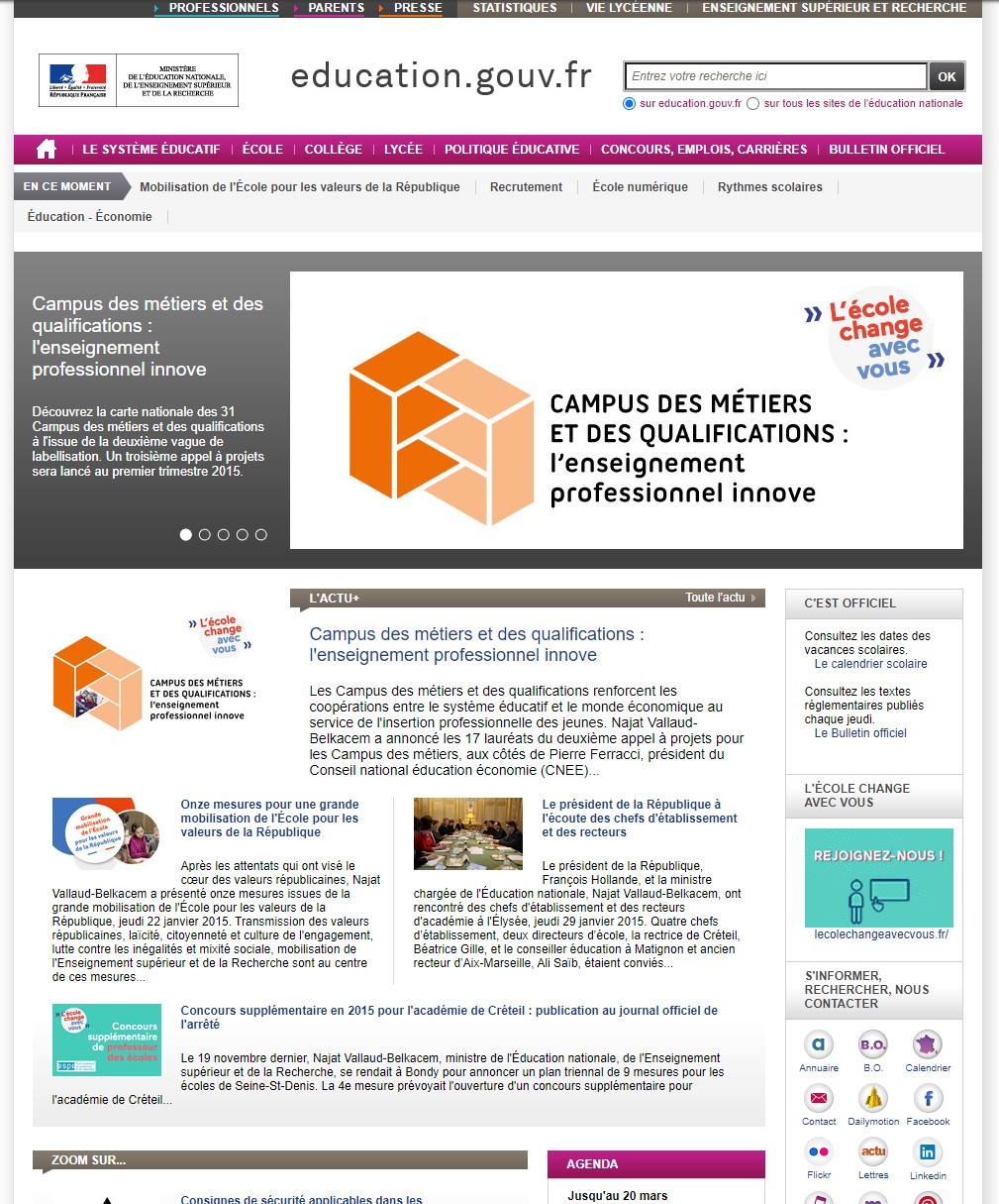 Site education.gouv.fr le 03 février 2015 selon le site Weybackmachine