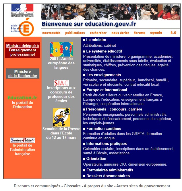 Site education.gouv.fr le 24 février 2001 selon le site Weybackmachine